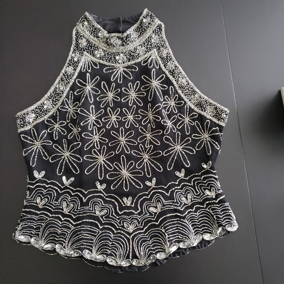 Papell Boutique Tops - Papell Boutique 100% Silk Black and Silver Embellished Top Size Xl